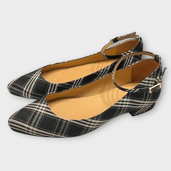 TALBOTS black/white plaid ankle strap almond toe flats size 6 preppy academia - Picture 1 of 5